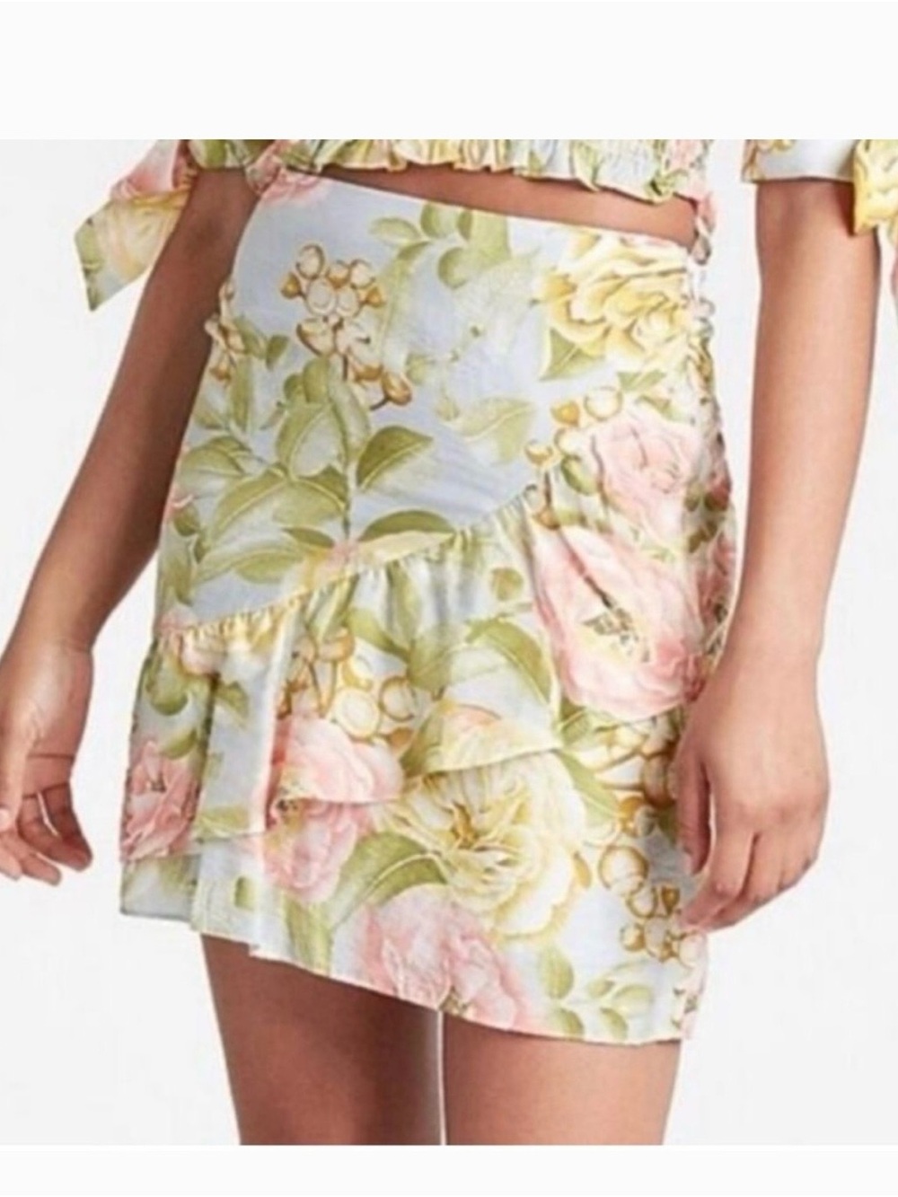 Express Floral Ruffle Mini Skirt in Pastel Pink & Green
